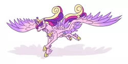 Size: 1024x512 | Tagged: safe, artist:moonrisethemage, derpibooru import, princess cadance, alicorn, pony, alternate design, colored wings, feathered fetlocks, female, galloping, hoof shoes, jewelry, large wings, mare, peytral, shoulder feathers, simple background, solo, spread wings, tail feathers, tiara, white background, wings