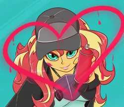 Size: 1500x1300 | Tagged: safe, artist:albertbm, derpibooru import, sunset shimmer, display of affection, equestria girls, equestria girls series, bust, clothes, cute, female, flanksy, heart, jacket, leather jacket, looking at you, shimmerbetes, simple background, solo