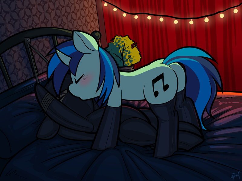 Size: 2363x1772 | Tagged: questionable, artist:belaboy, derpibooru import, octavia melody, vinyl scratch, earth pony, pony, unicorn, bed, blushing, bondage, bound, butt, clothes, eyes closed, female, hood, kissing, latex, latex socks, latex suit, lesbian, mare, on back, plant, plot, scratchtavia, shipping, socks, tied up