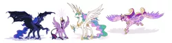 Size: 9600x2400 | Tagged: safe, artist:moonrisethemage, derpibooru import, princess cadance, princess celestia, princess luna, twilight sparkle, twilight sparkle (alicorn), alicorn, bat pony, bat pony alicorn, classical unicorn, pony, unicorn, absurd resolution, alicorn tetrarchy, alternate design, bat ponified, bat wings, cloven hooves, colored fetlocks, comparison, crown, dragon wings, ethereal fetlocks, ethereal mane, feathered fetlocks, female, galloping, hoof shoes, horn, jewelry, large wings, leonine tail, long horn, lunabat, mare, peytral, quartet, race swap, raised hoof, regalia, royal sisters, shoulder feathers, siblings, simple background, sisters, smiling, spread wings, tattered, tattered wings, unshorn fetlocks, white background, wing claws, wings