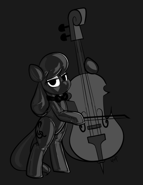 Size: 2550x3300 | Tagged: safe, artist:belaboy, derpibooru import, octavia melody, earth pony, pony, bipedal, bipedal leaning, bondage, bow, bowtie, cello, dark, encasement, hood, hoof hold, image, latex, latex suit, leaning, lidded eyes, musical instrument, png, seams, solo