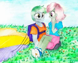 Size: 1124x908 | Tagged: safe, artist:liaaqila, derpibooru import, oc, oc:software patch, oc:windcatcher, unofficial characters only, equestria girls, clothes, commission, couple, dress, equestria girls-ified, flower, glasses, outdoors, parachute, shoes, sitting on person, sneakers, traditional art, windpatch