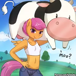 Size: 750x750 | Tagged: anthro, apple bloomers, apple buruma project, artist:lumineko, belly button, breasts, busty scootaloo, clothes, cow, derpibooru import, harvest moon, looking at you, midriff, moo, older, older scootaloo, safe, scootaloo, smiling, sports bra, super strength, udder