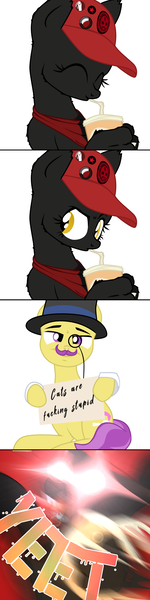 Size: 720x2880 | Tagged: artist:aaronmk, buttons, derpibooru import, drinking, glowing eyes, hat, iww, milkshake, monocle, motion blur, oc, oc:sabotage, safe, sign, sphinx, sphinx oc, text, top hat, vulgar, yeet