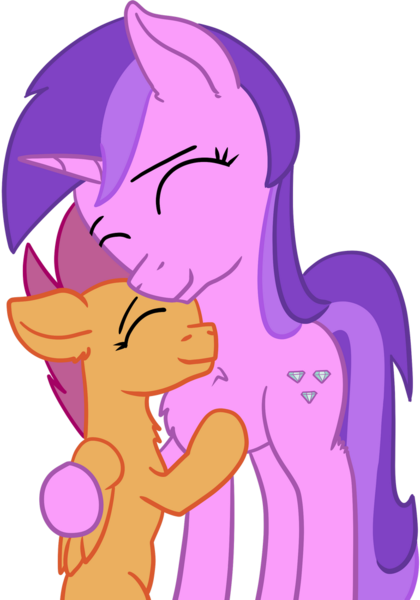 Size: 770x1100 | Tagged: safe, derpibooru import, amethyst star, scootaloo, pegasus, pony, unicorn, background pony, chest fluff, eyes closed, female, filly, hug, mare, scootalove