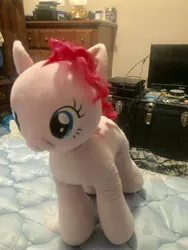 Size: 3024x4032 | Tagged: safe, artist:undeadponysoldier, derpibooru import, photographer:undeadponysoldier, pinkie pie, earth pony, pony, bed, build-a-bear, danny murillo, drawer, dresser, female, hollywood undead, irl, mare, mask, photo, playstation 3, plushie, solo, television, trunk, xbox one