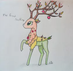 Size: 930x903 | Tagged: safe, artist:glitteringdew, derpibooru import, the great seedling, deer, dryad, pony, going to seed, apple, branches for antlers, flower, food, leaf, raised hoof, rose, solo, traditional art