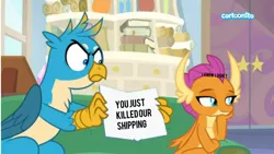 Size: 1280x720 | Tagged: angry, book, caption, cartoonito logo, derpibooru import, edit, edited screencap, female, gallus, gallus holding book, image macro, male, safe, screencap, shipping, smolder, smollus, straight, student counsel, text