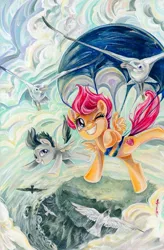 Size: 1179x1800 | Tagged: safe, artist:sararichard, derpibooru import, idw, rumble, scootaloo, pegasus, pony, spoiler:comic, spoiler:comic81, colt, cover, female, filly, male, one eye closed, parachute, scootaloo can fly, skydiving