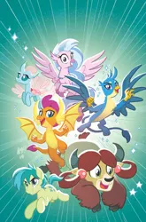 Size: 1186x1800 | Tagged: safe, artist:tonyfleecs, derpibooru import, idw, gallus, ocellus, sandbar, silverstream, smolder, yona, changedling, changeling, classical hippogriff, dragon, earth pony, gryphon, hippogriff, pony, yak, spoiler:comic, spoiler:comicfeatsoffriendship01, >:d, claws, cover, cute, diaocelles, diastreamies, dragoness, everfree northwest, female, flying, gallabetes, happy, male, paws, sandabetes, signature, smiling, smirk, smolderbetes, student six, sunburst background, teenager, yonadorable