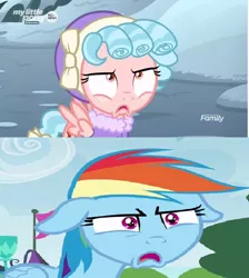 Size: 736x820 | Tagged: safe, derpibooru import, screencap, cozy glow, rainbow dash, pegasus, pony, frenemies (episode), trade ya, comparison, cozy glow is best facemaker, cozy glow is not amused, cozybetes, cute, faic, female, filly, floppy ears, foal, rainbow dash is best facemaker