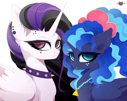 Size: 5040x4000 | Tagged: safe, artist:xsatanielx, derpibooru import, princess celestia, princess luna, alicorn, pony, between dark and dawn, 80s, 80s hair, 80s princess luna, alternate hairstyle, celestia is not amused, choker, duo, eyeliner, female, folded wings, frown, glare, jewelry, makeup, mare, necklace, punklestia, rcf community, royal sisters, siblings, sisters, smiling, spiked choker, unamused, wings