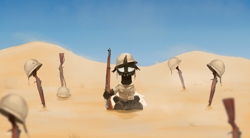 Size: 1920x1062 | Tagged: artist:hardbrony, changeling, clothes, commission, derpibooru import, desert, grave, gun, helmet, implied death, looking at you, sad, saddle arabia, safe, sitting, soldier, solo, war, weapon