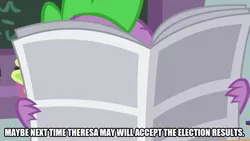 Size: 800x450 | Tagged: a rockhoof and a hard place, caption, derpibooru import, dragon, edit, edited screencap, england, image macro, male, newspaper, politics, prime minister, safe, screencap, solo, spike, text, theresa may, united kingdom