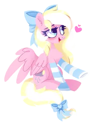 Size: 1493x1974 | Tagged: safe, artist:sonnatora, derpibooru import, oc, oc:bay breeze, unofficial characters only, pegasus, pony, blushing, bow, chest fluff, clothes, cute, ear fluff, female, hair bow, mare, open mouth, simple background, socks, striped socks, tail bow, transparent background