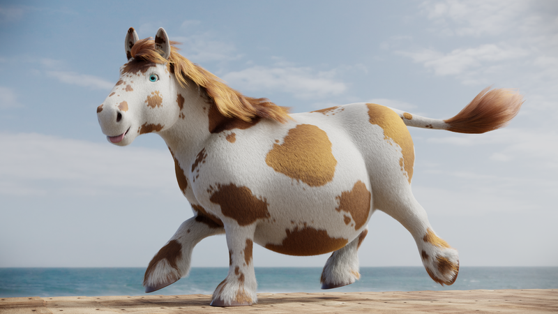 Size: 3840x2160 | Tagged: safe, artist:kiedough, derpibooru import, oc, oc:kie dough, horse, hybrid, 3d, belly, big belly, blender, blender cycles, chubby, cow tail, fat, fluffy, high res, ocean, realistic, realistic anatomy, realistic horse legs, running, tongue out, tubby, unshorn fetlocks