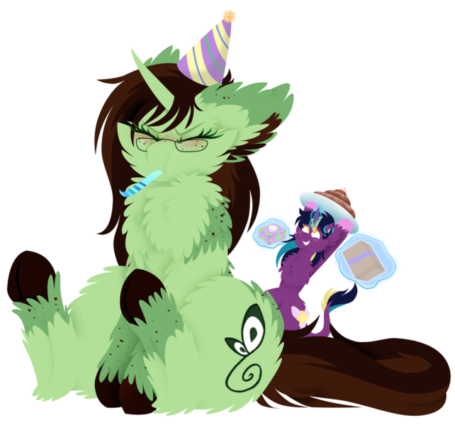 Size: 1024x957 | Tagged: safe, artist:vanillaswirl6, derpibooru import, oc, oc:flittermint, oc:midnight fairytale, unofficial characters only, pony, birthday gift, cake, chest fluff, colored hooves, curved horn, eyes closed, floppy ears, fluffy, food, freckles, glasses, hat, horn, leonine tail, magic, party hat, party horn, present, puffy cheeks, unshorn fetlocks