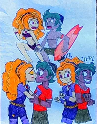 Size: 736x939 | Tagged: safe, artist:yogelis, derpibooru import, adagio dazzle, timber spruce, equestria girls, clothes, female, kissing, male, shipping, straight, swimsuit, timberdazzle, traditional art