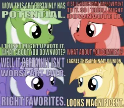 Size: 666x580 | Tagged: safe, derpibooru import, edit, editor:undeadponysoldier, oc, oc:comment, oc:downvote, oc:favourite, oc:upvote, ponified, unofficial characters only, alicorn, pegasus, pony, unicorn, derpibooru, bow, confidence, derpibooru family, derpibooru ponified, ear down, female, looking at each other, mare, meta, opinion, pony icon, sad, simple background, stars, text