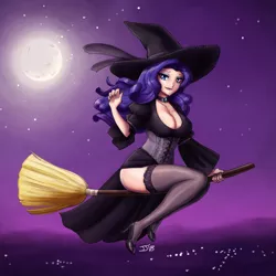 Size: 1200x1200 | Tagged: artist:johnjoseco, artist:king-kakapo, ask gaming princess luna, beautiful, breasts, broom, busty rarity, cleavage, clothes, collaboration, colored, corset, costume, derpibooru import, female, flying, flying broomstick, full moon, hat, high heels, human, humanized, legs, looking at you, moon, rarity, sexy, shoes, sketch, skirt, socks, solo, solo female, stockings, stupid sexy rarity, suggestive, thigh highs, thighs, witch, witch hat