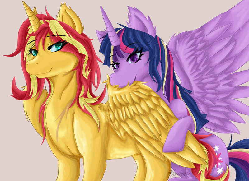 Size: 1754x1275 | Tagged: safe, artist:tenebrae, derpibooru import, sunset shimmer, twilight sparkle, twilight sparkle (alicorn), alicorn, pony, alicornified, couple, female, grooming, lesbian, mare, preening, race swap, scar, shimmercorn, shipping, sunsetsparkle