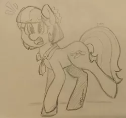 Size: 2406x2257 | Tagged: safe, artist:cadetredshirt, derpibooru import, coco pommel, pony, unicorn, clothes, pencil drawing, shocked, shocked expression, short hair, sketch, solo, traditional art, walking, worried