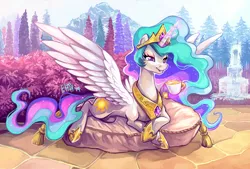 Size: 1100x744 | Tagged: safe, artist:r0b0tassassin, derpibooru import, princess celestia, alicorn, pony, cup, cushion, female, food, fountain, glowing horn, horn, jewelry, lidded eyes, magic, mare, mountain, pillow, prone, reclining, regalia, smiling, solo, tea, teacup, telekinesis, tree