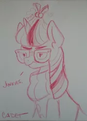 Size: 536x749 | Tagged: safe, artist:cadetredshirt, derpibooru import, moondancer, pony, unicorn, beady eyes, clothes, eyebrows down, glasses, hairpin, jinkies, pencil drawing, scooby doo, sketch, solo, traditional art, velma dinkley