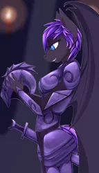 Size: 2000x3500 | Tagged: safe, artist:chapaevv, derpibooru import, oc, oc:crescentstar the batpony, anthro, bat pony, armor, bat pony oc, bat wings, clothes, female, helmet, misleading thumbnail, open mouth, patreon, patreon reward, royal guard, solo, standing, sword, weapon, wings