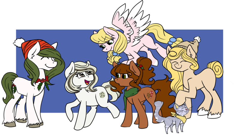 Size: 1280x732 | Tagged: safe, artist:cadetredshirt, derpibooru import, oc, oc:adelaide, oc:carol, oc:cookie crisp, oc:french toast, oc:mistletoe, cat, earth pony, pegasus, pony, beanie, clothes, eyes closed, flying, hair up, hairpin, hat, looking away, pet, petting, ponytail, scarf, simple background, skeptical, smiling, unshorn fetlocks, walking