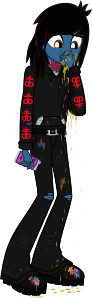 Size: 884x2874 | Tagged: safe, artist:lightningbolt, derpibooru import, ponified:oliver sykes, equestria girls, .svg available, belt, boots, bring me the horizon, can, clothes, dripping, drop dead clothing, equestria girls-ified, hand over face, holding, hoodie, jeans, male, paint stains, pants, pills, ripped jeans, shoes, simple background, solo, svg, tattoo, transparent background, vector, vomit, vomiting, wet clothes