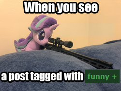 Size: 250x188 | Tagged: caption, derpibooru, derpibooru import, edit, editor:sponandi, exploitable meme, funny, gun, image macro, meme, meta, plushie, rifle, safe, snipelight glimmer, sniper rifle, solo, starlight glimmer, tags, text, weapon