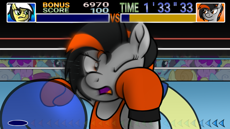 Size: 1920x1080 | Tagged: safe, artist:toyminator900, derpibooru import, oc, oc:dusk strike, oc:uppercute, unofficial characters only, pegasus, pony, boxing, boxing gloves, boxing ring, clothes, crowd, punch out, sports, sports bra, super punch out, video game