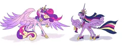 Size: 1600x582 | Tagged: safe, artist:moonrisethemage, derpibooru import, princess cadance, twilight sparkle, twilight sparkle (alicorn), alicorn, pony, chest feathers, colored fetlocks, colored wings, crown, crystal, crystal fetlocks, duo, element of generosity, element of honesty, element of kindness, element of laughter, element of loyalty, element of magic, elements of harmony, ethereal mane, feathered fetlocks, female, future, gradient wings, hoof shoes, horn, jewelry, large wings, leonine tail, long description, long horn, mare, peytral, pointy horn, raised hoof, regalia, shoulder feathers, simple background, spread wings, tail feathers, ultimate cadance, ultimate twilight, unshorn fetlocks, white background, wings