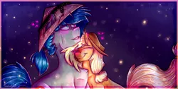 Size: 1890x950 | Tagged: safe, artist:phantomlemon, derpibooru import, applejack, oc, oc:hiroki, earth pony, firefly (insect), insect, pony, applejack's hat, blushing, canon x oc, commission, conical hat, cowboy hat, cuddling, female, floating heart, hat, heart, kasa, male, mare, nuzzling, shipping, stallion, stetson, ych result