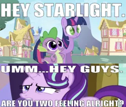 Size: 623x531 | Tagged: safe, derpibooru import, edit, edited screencap, editor:undeadponysoldier, screencap, spike, starlight glimmer, twilight sparkle, twilight sparkle (alicorn), alicorn, dragon, unicorn, alternate eye color, caption, castle, confused, disturbed, eye swap, face swap, house, image macro, ponyville, text, tree