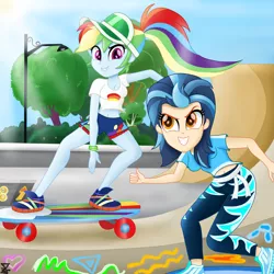 Size: 3000x3000 | Tagged: safe, artist:theretroart88, derpibooru import, indigo zap, rainbow dash, equestria girls, equestria girls series, sic skateboard, spoiler:eqg series (season 2), blue skin, breasts, busty indigo zap, busty rainbow dash, clothes, confident, duo, duo female, female, high res, leggings, orange eyes, pink eyes, ponytail, sexy, shirt, short hair, shorts, skateboard, skateboarding, smiling, t-shirt, thumbs up