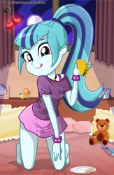 Size: 600x921 | Tagged: safe, artist:charliexe, derpibooru import, sonata dusk, equestria girls, adorasexy, barefoot, bracelet, clothes, curtains, cute, feet, food, heart, legs, miniskirt, moon, night, plate, ponytail, sexy, shirt, skirt, solo, sonatabetes, sonataco, spiked wristband, taco, teddy bear, that girl sure loves tacos, thighs, tongue out, window, wristband
