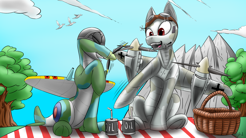 Size: 2560x1440 | Tagged: safe, artist:tracerpainter, derpibooru import, oc, oc:dorn, original species, plane pony, pony, cloud, do 217 n2, happy, oil can, picnic, plane, sitting, supermarine spitfire