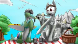 Size: 2560x1440 | Tagged: safe, artist:tracerpainter, derpibooru import, oc, oc:dorn, original species, plane pony, pony, cloud, do 217 n2, happy, oil can, picnic, plane, sitting, supermarine spitfire