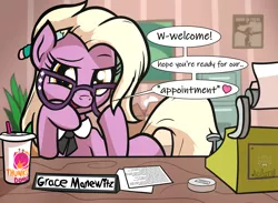 Size: 4500x3300 | Tagged: suggestive, artist:template93, artist:wenni, derpibooru import, grace manewitz, earth pony, pony, adjusting glasses, cabinet, coffee, collaboration, desk, dialogue, female, glasses, hang in there, hanging, looking at you, lorem ipsum, mare, necktie, office, open mouth, painting, pencil, plant, solo, solo female, speech bubble, typewriter
