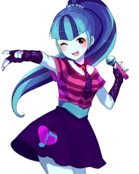 Size: 640x800 | Tagged: safe, artist:weiliy, derpibooru import, sonata dusk, equestria girls, anime, armpits, blushing, clothes, cute, dress, female, fingerless gloves, gem, gloves, microphone, nail polish, necktie, one eye closed, open mouth, simple background, siren gem, solo, sonatabetes, transparent background, wink