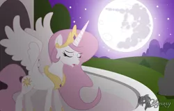 Size: 2000x1282 | Tagged: safe, artist:zombies-pudding, derpibooru import, princess celestia, alicorn, pony, lullaby for a princess, balcony, crying, eyes closed, female, jewelry, mare, mare in the moon, moon, night, open mouth, pink-mane celestia, regalia, solo, spread wings, stars, vector, wings, younger