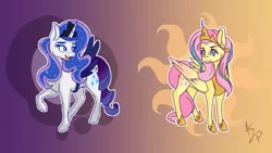 Size: 1920x1080 | Tagged: safe, artist:zombies-pudding, derpibooru import, fluttershy, rarity, pegasus, pony, unicorn, testing testing 1-2-3, clothes, cosplay, costume, cutie mark, cutie mark background, duo, ethereal mane, fake horn, fake wings, female, jewelry, looking at you, lunarity, mare, open mouth, raised hoof, redraw, regalia, shylestia, starry mane, wallpaper
