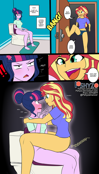 Size: 1000x1750 | Tagged: questionable, artist:pshyzomancer, derpibooru import, sci-twi, sunset shimmer, twilight sparkle, equestria girls, asserting dominance, barefoot, bathroom, breasts, but why, clothes, co-op mode, dialogue, door, feet, female, fetish, imminent sex, lesbian, looking at each other, mlem, panties, panties around legs, panties pulled down, pissing, pissing together, scitwishimmer, sharing a toilet, shipping, silly, sunsetsparkle, text, toilet, tongue out, underwear, urine, wat, watersports