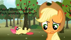 Size: 640x360 | Tagged: safe, derpibooru import, edit, edited screencap, screencap, apple bloom, applejack, pony, the super speedy cider squeezy 6000, apple, apple tree, circling stars, confused, dizzy, fainted, meme, on back, passed out, pokémon, reference, sweet apple acres, swirly eyes, tree