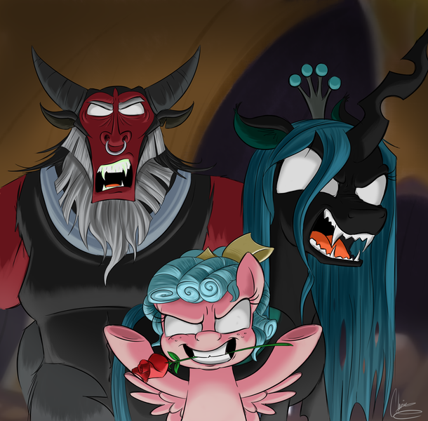 Size: 2591x2549 | Tagged: safe, artist:oinktweetstudios, derpibooru import, cozy glow, lord tirek, queen chrysalis, centaur, changeling, changeling queen, pony, frenemies (episode), cozy glow is best facemaker, crazy glow, empty eyes, female, filly, flower, flower in mouth, foal, insanity, mouth hold, quadrupedal, rose, smiling, white eyes