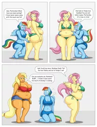 Size: 1600x2106 | Tagged: suggestive, artist:lordstormcaller, derpibooru import, applejack, fluttershy, rainbow dash, anthro, bat pony, unguligrade anthro, amplejack, applefat, ass, bbw, belly, belly button, belly grab, big breasts, bikini, blushing, bra, breasts, busty fluttershy, butt, butt grab, butt touch, chubby, cleavage, clothes, comic, curvy, fat, fattershy, female, flutterbat, flutterbutt, grabbing, grabbing belly, grope, huge breasts, huge butt, jiggling breasts, large butt, obese, panties, race swap, swimsuit, the ass was fat, underwear, wide hips