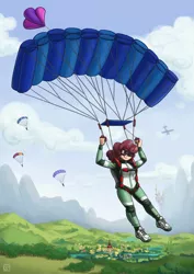 Size: 2000x2829 | Tagged: safe, artist:king-kakapo, derpibooru import, oc, oc:windcatcher, unofficial characters only, human, :p, aircraft, canterlot, clothes, cloud, falling, flying, goggles, humanized, humanized oc, jumpsuit, parachute, ponyville, scenery, scenery porn, shoes, sky, skydiving, sneakers, solo focus, tongue out