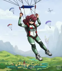 Size: 1761x2000 | Tagged: safe, artist:king-kakapo, derpibooru import, oc, oc:windcatcher, unofficial characters only, human, :p, aircraft, canterlot, clothes, cloud, commission, falling, flying, goggles, humanized, humanized oc, jumpsuit, parachute, ponyville, scenery, scenery porn, shoes, sky, skydiving, sneakers, solo focus, tongue out